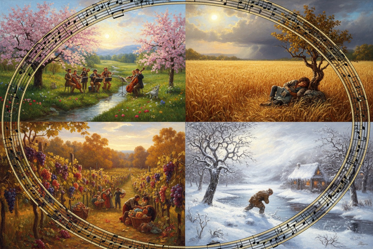 Pintura dividida em quatro partes que representam as quatro estações, emolduradas por uma pauta musical oval.